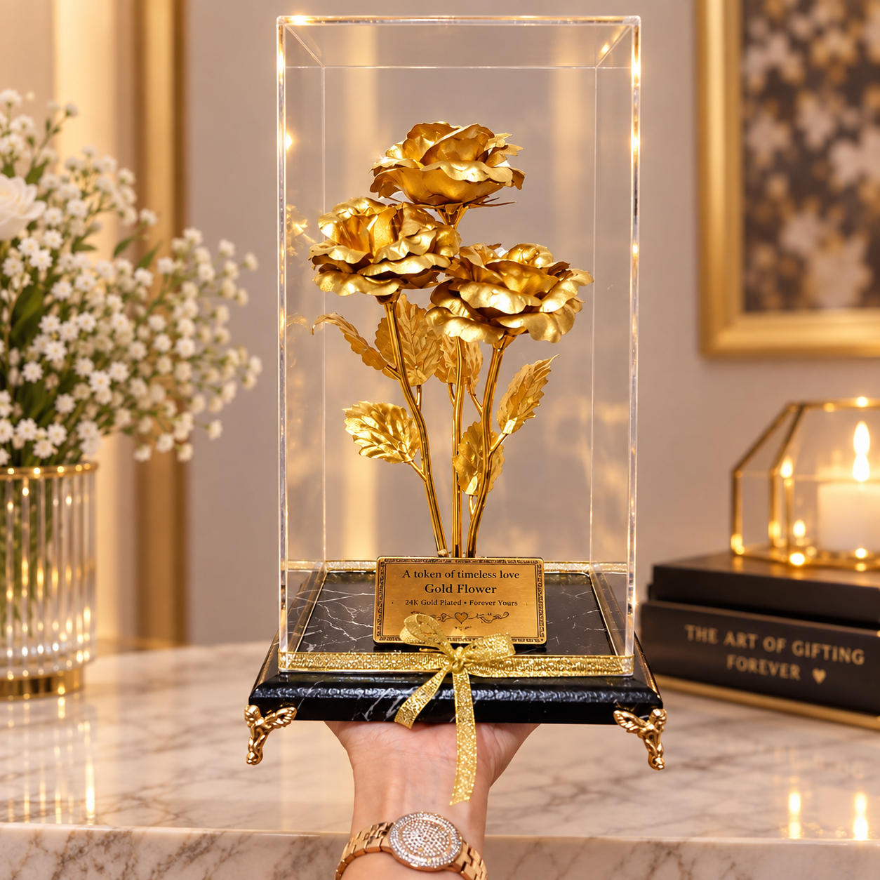رز طلا سه شاخه پایه مشکی